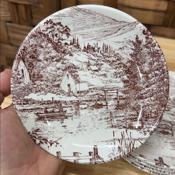 Vintage Ironstone Transferware Scenic Brown and White Plates - Picture 2 of 3